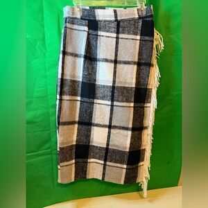 Black, Gray and White Plaid Wrap Skirt with White Fringe (NWT)